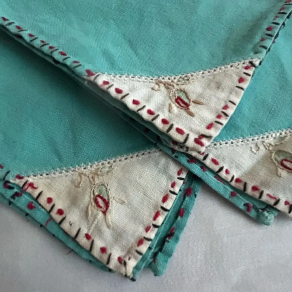 Set of 3 Vintage Handmade Turquoise Embroidered Napkins